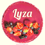 Beautifully decorated red velvet berry birthday cake with vibrant fruits and a glowing 'Lyza' name, adding a touch of sweetness and sparkle.