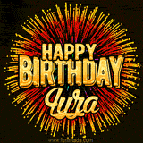Golden 'Happy Birthday Lyza' text accompanied by animated rainbow fireworks for a festive animated greeting.