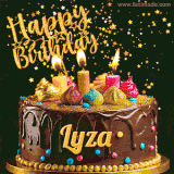 A delightful chocolate birthday cake with bright candles and 'Happy Birthday Lyza' written in gold amidst a shower of animated stars.