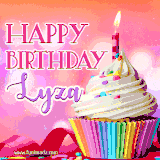 A vibrant birthday GIF featuring a rainbow-colored cupcake topped with white frosting, sprinkles, and a lit candle. The text reads 'Happy Birthday Lyza' in bold pink and violet letters with white outline.