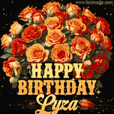 Animated bouquet of orange roses with moving butterfles and golden 'Happy Birthday Lyza' text, surrounded by sparkling accents and a dark backdrop for a luxurious feel.