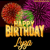 A golden 'Happy Birthday Lyza' message with vibrant fireworks in the background, creating a festive and celebratory vibe in this animated name GIF.