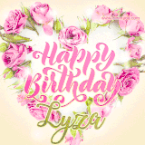 A stunning heart made of pink roses surrounds the elegant script text 'Happy Birthday Lyza' on a soft beige background. Animated sparkles add a magical and festive feel.