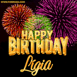 A golden 'Happy Birthday Lígia' message with vibrant fireworks in the background, creating a festive and celebratory vibe in this animated name GIF.
