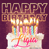 A colorful birthday cake topped with lit candles, with the words 'Happy Birthday Lígia' in bold glowing letters on a burgundy background. Animated flames add a festive touch.