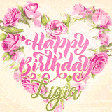 A stunning heart made of pink roses surrounds the elegant script text 'Happy Birthday Lígia' on a soft beige background. Animated sparkles add a magical and festive feel.