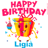 A vibrant and funny gift box character with a happy face dancing with a cupcake and the text 'Happy Birthday Lígia,' surrounded by animated confetti and party vibes.