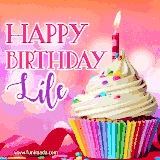 A vibrant birthday GIF featuring a rainbow-colored cupcake topped with white frosting, sprinkles, and a lit candle. The text reads 'Happy Birthday Líle' in bold pink and violet letters with white outline.