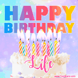 A vibrant animated name GIF with the words 'Happy Birthday Líle' with colorful candles on a creamy cake. The background sparkles with pastel shades, adding a festive touch.