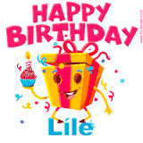 A vibrant and funny gift box character with a happy face dancing with a cupcake and the text 'Happy Birthday Líle,' surrounded by animated confetti and party vibes.