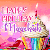 A vibrant birthday GIF featuring a rainbow-colored cupcake topped with white frosting, sprinkles, and a lit candle. The text reads 'Happy Birthday Maachah' in bold pink and violet letters with white outline.