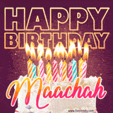 A colorful birthday cake topped with lit candles, with the words 'Happy Birthday Maachah' in bold glowing letters on a burgundy background. Animated flames add a festive touch.