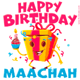 A vibrant and funny gift box character with a happy face dancing with a cupcake and the text 'Happy Birthday Maachah,' surrounded by animated confetti and party vibes.