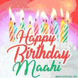Bright birthday candles with rainbow flames on a cake, alongside the text 'Happy Birthday Maahi' in vibrant script in this celebratory animated GIF.
