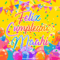 A bright and festive GIF with the text 'Feliz Cumpleaños Maahi' in Spanish in colorful fonts, surrounded by confetti, balloons, and festive banners on a vibrant yellow background.