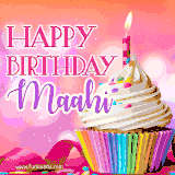 A vibrant birthday GIF featuring a rainbow-colored cupcake topped with white frosting, sprinkles, and a lit candle. The text reads 'Happy Birthday Maahi' in bold pink and violet letters with white outline.