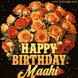 Animated bouquet of orange roses with moving butterfles and golden 'Happy Birthday Maahi' text, surrounded by sparkling accents and a dark backdrop for a luxurious feel.