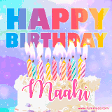 A vibrant animated name GIF with the words 'Happy Birthday Maahi' with colorful candles on a creamy cake. The background sparkles with pastel shades, adding a festive touch.