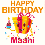 A vibrant and funny gift box character with a happy face dancing with a cupcake and the text 'Happy Birthday Maahi,' surrounded by animated confetti and party vibes.