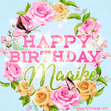A charming animated GIF featuring 'Happy Birthday Maaike' in pink and green text, surrounded by delicate roses, leaves, and fluttering butterflies on a soft light blue pastel background.