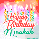 Bright birthday candles with rainbow flames on a cake, alongside the text 'Happy Birthday Maakah' in vibrant script in this celebratory animated GIF.