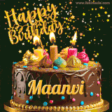 A delightful chocolate birthday cake with bright candles and 'Happy Birthday Maanvi' written in gold amidst a shower of animated stars.
