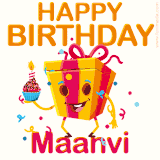 A vibrant and funny gift box character with a happy face dancing with a cupcake and the text 'Happy Birthday Maanvi,' surrounded by animated confetti and party vibes.