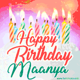 Bright birthday candles with rainbow flames on a cake, alongside the text 'Happy Birthday Maanya' in vibrant script in this celebratory animated GIF.