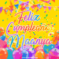 A bright and festive GIF with the text 'Feliz Cumpleaños Maanya' in Spanish in colorful fonts, surrounded by confetti, balloons, and festive banners on a vibrant yellow background.