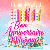 A white birthday cake covered in colorful sprinkles, topped with bright candles, and French text 'Bon Anniversaire Maanya' on a pastel gradient background in an animated GIF.