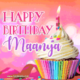 A vibrant birthday GIF featuring a rainbow-colored cupcake topped with white frosting, sprinkles, and a lit candle. The text reads 'Happy Birthday Maanya' in bold pink and violet letters with white outline.