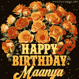 Animated bouquet of orange roses with moving butterfles and golden 'Happy Birthday Maanya' text, surrounded by sparkling accents and a dark backdrop for a luxurious feel.
