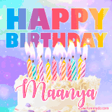 A vibrant animated name GIF with the words 'Happy Birthday Maanya' with colorful candles on a creamy cake. The background sparkles with pastel shades, adding a festive touch.