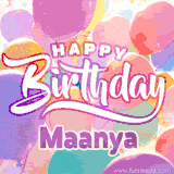 A vibrant name GIF featuring colorful balloons in shades of pink, orange, and yellow with the bold text 'Happy Birthday Maanya' in festive fonts, creating a lively birthday vibe.