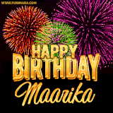 A golden 'Happy Birthday Maarika' message with vibrant fireworks in the background, creating a festive and celebratory vibe in this animated name GIF.