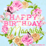 A charming animated GIF featuring 'Happy Birthday Maarika' in pink and green text, surrounded by delicate roses, leaves, and fluttering butterflies on a soft light blue pastel background.