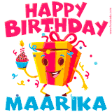 A vibrant and funny gift box character with a happy face dancing with a cupcake and the text 'Happy Birthday Maarika,' surrounded by animated confetti and party vibes.