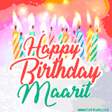 Bright birthday candles with rainbow flames on a cake, alongside the text 'Happy Birthday Maarit' in vibrant script in this celebratory animated GIF.