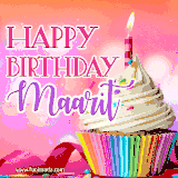 A vibrant birthday GIF featuring a rainbow-colored cupcake topped with white frosting, sprinkles, and a lit candle. The text reads 'Happy Birthday Maarit' in bold pink and violet letters with white outline.
