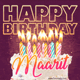 A colorful birthday cake topped with lit candles, with the words 'Happy Birthday Maarit' in bold glowing letters on a burgundy background. Animated flames add a festive touch.