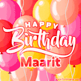 A vibrant name GIF featuring colorful balloons in shades of pink, orange, and yellow with the bold text 'Happy Birthday Maarit' in festive fonts, creating a lively birthday vibe.