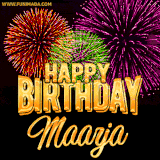 A golden 'Happy Birthday Maarja' message with vibrant fireworks in the background, creating a festive and celebratory vibe in this animated name GIF.
