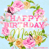 A charming animated GIF featuring 'Happy Birthday Maarja' in pink and green text, surrounded by delicate roses, leaves, and fluttering butterflies on a soft light blue pastel background.