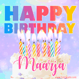 A vibrant animated name GIF with the words 'Happy Birthday Maarja' with colorful candles on a creamy cake. The background sparkles with pastel shades, adding a festive touch.