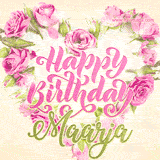 A stunning heart made of pink roses surrounds the elegant script text 'Happy Birthday Maarja' on a soft beige background. Animated sparkles add a magical and festive feel.