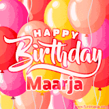 A vibrant name GIF featuring colorful balloons in shades of pink, orange, and yellow with the bold text 'Happy Birthday Maarja' in festive fonts, creating a lively birthday vibe.