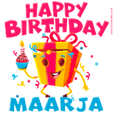 A vibrant and funny gift box character with a happy face dancing with a cupcake and the text 'Happy Birthday Maarja,' surrounded by animated confetti and party vibes.