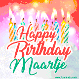 Bright birthday candles with rainbow flames on a cake, alongside the text 'Happy Birthday Maartje' in vibrant script in this celebratory animated GIF.