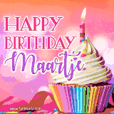 A vibrant birthday GIF featuring a rainbow-colored cupcake topped with white frosting, sprinkles, and a lit candle. The text reads 'Happy Birthday Maartje' in bold pink and violet letters with white outline.