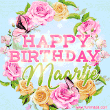 A charming animated GIF featuring 'Happy Birthday Maartje' in pink and green text, surrounded by delicate roses, leaves, and fluttering butterflies on a soft light blue pastel background.
